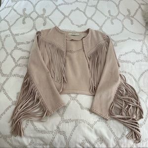 Zara Blush Fringe Cropped Leather Jacket